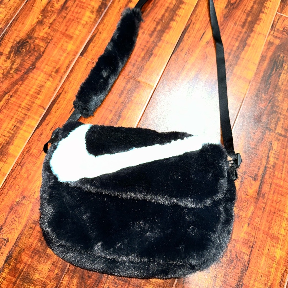 Nike Black and White Crossbody Bag with Fuzzy Texture